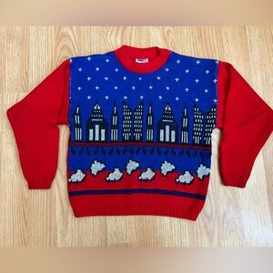 Vintage 80s 90s City Skyline Knit Red Blue Crewneck Sweater NYC Chicago Novelty